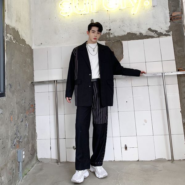 

men 2pcs suits sets (jacket+pants) male streetwear hip hop stripe splice loose casual blazer jacket suit trouser stage clothes, White;black