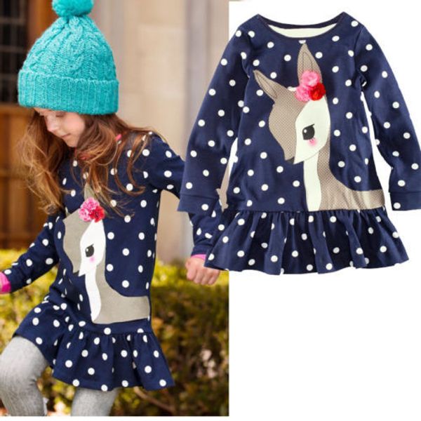 

1-7Y Baby Kids Girls Cute Deer Long Sleeve Cotton Polka Dots Top Dress T-Shirt