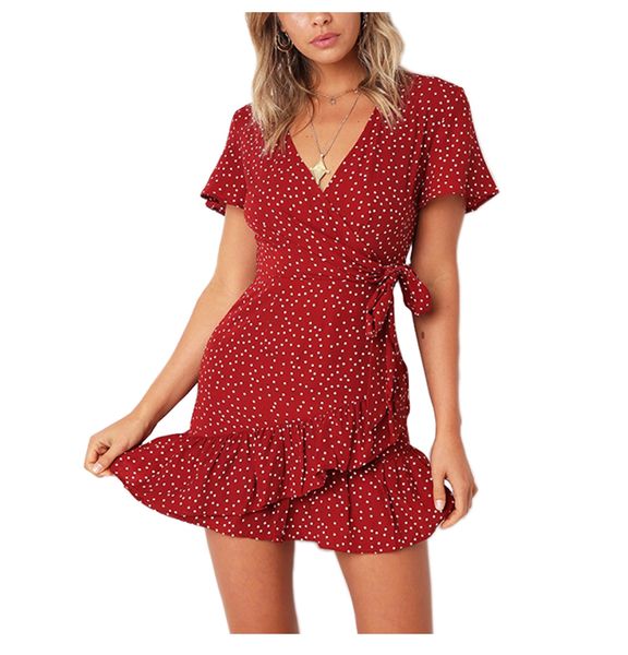 

ruffles polka dot dress women with belt 2019 v-neck tunic boho beach summer dress and sundress robe femme blue red, Black;gray