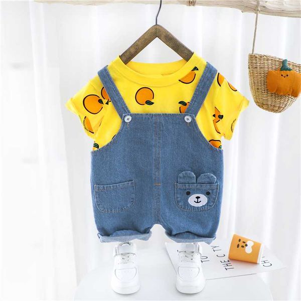 

2020 summer girls boys clothing sets casual style t shirt cartoon denim shorts infant children vacation clothing, White