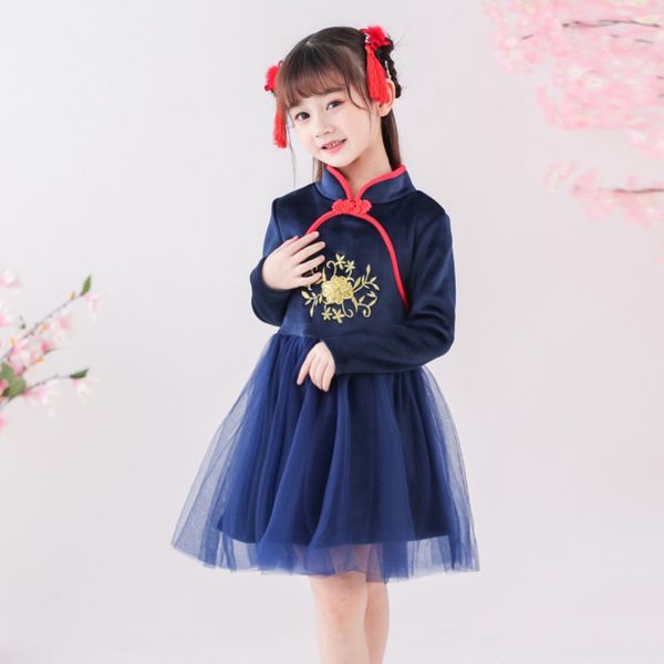 

autumn kids dresses baby girls chinese traditional dress mesh stitching embroidery swan collar princess dress 1y-7y prom, Red;yellow