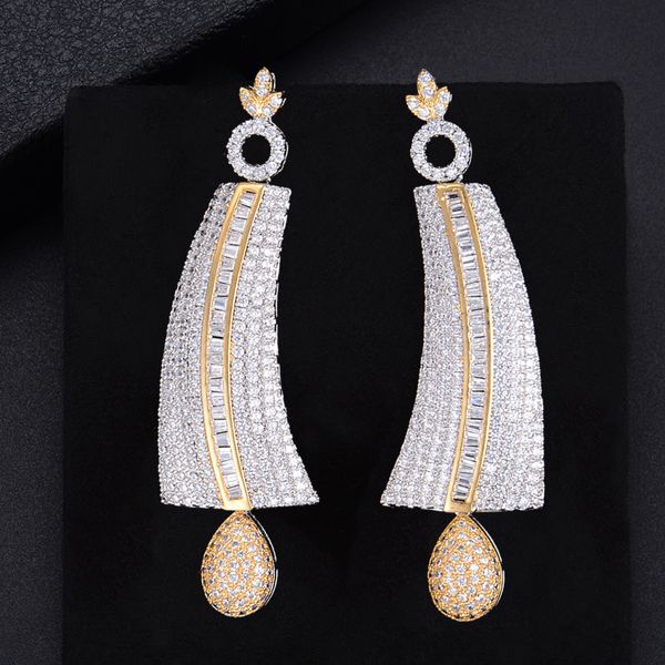 

61mm popular teardrop pendant shape geometry hollow pierced full cubic zirconia dangle earings women wedding bridal jewelry, Silver