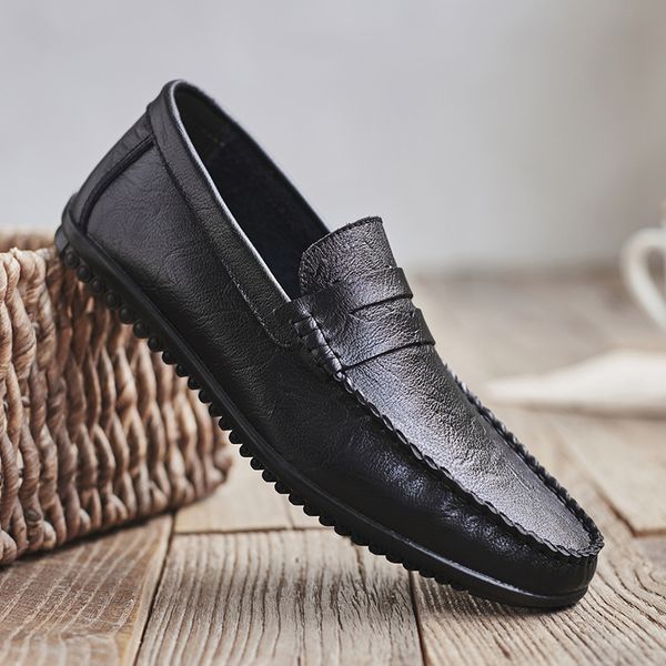 

2020 italian style male loafers genuine leather men casual shoes moccasins slip on male loafers breathable driving shoes men, Black