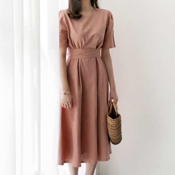 

summer dress 2019 korean style women waist tie chic elegant midi dress o-neck short sleeve cotton linen casual ladies dresses, Black;gray