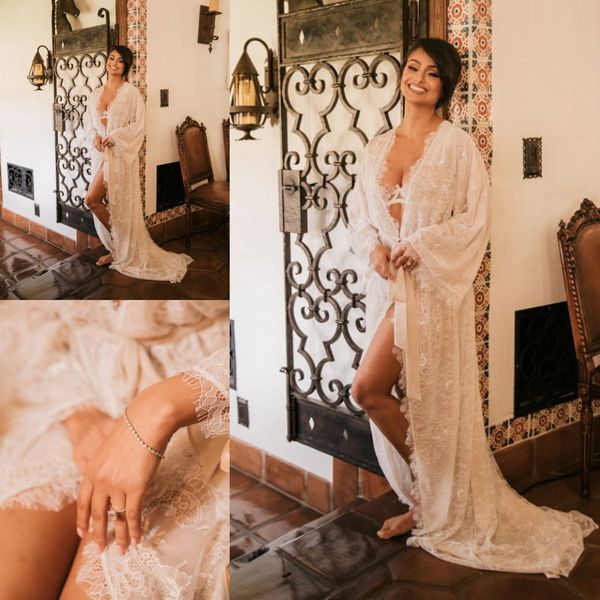 

горячая продажа 2019 невесты халаты на заказ шелковый халат с длинным рукавом кружева невесты свадьба халат для женщин дешевые кружева пижам, White