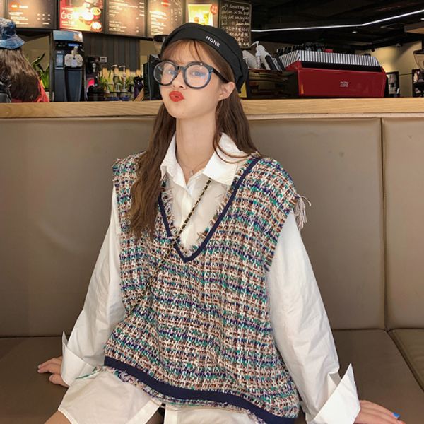 

fmfssom women spring autumn sleeveless knitted sweater female v neck tassel knitting vest women's, Black;white