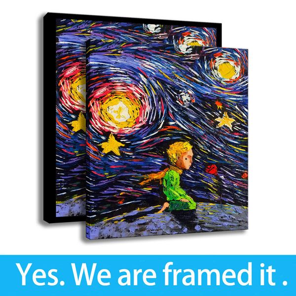 

little prince print home decor van gogh wall art starry night canvas painting framed art - ready to hang - framed