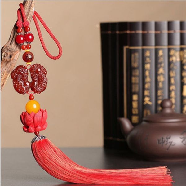 

red agate access ping-man o's car rear-view mirror car interior hanging jewelry open-light natural jade pendant, Blue;slivery