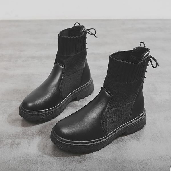 

black leather women boots fashion ankle boots warm plush winter ankle work shoes round toe lace-up women shoes plus size