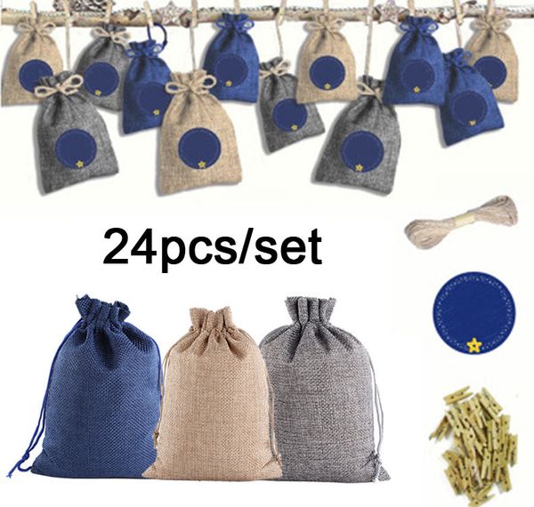 

24pc/set new christmas gift bags vintage natural linen drawstring bag christmas candy storage bag for kids wedding party pouches gift bags