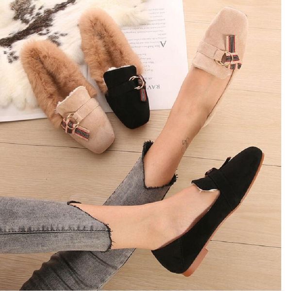 

mules loafers women winter snow boots female belt buckles comfortable woman warm plush flat ankle boots flock, Black