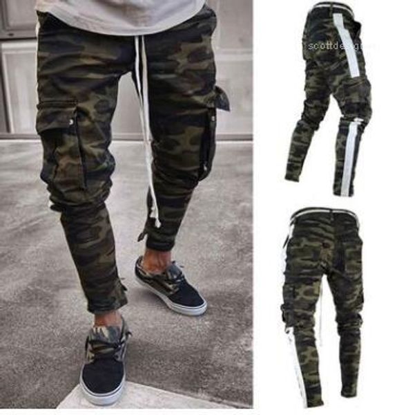

big pockets striped zipper design slim jean pants mens camouflage pencil designer jeans fashion, Blue