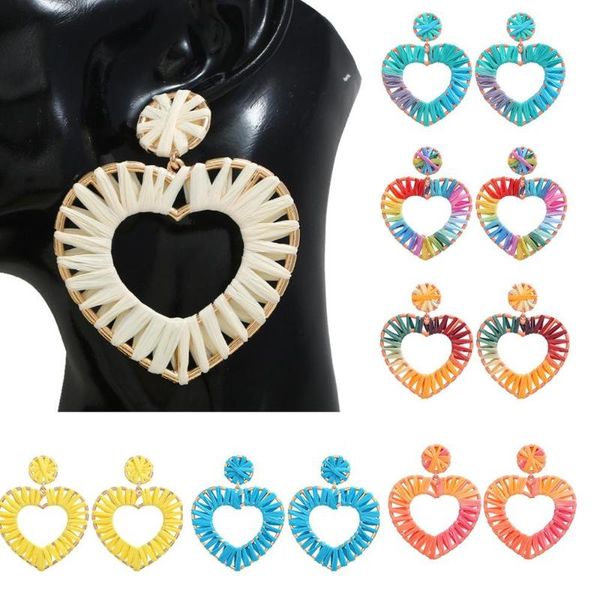 

bohemian rattan handmade raffia geometric love earrings ladies jewelry fd, Silver