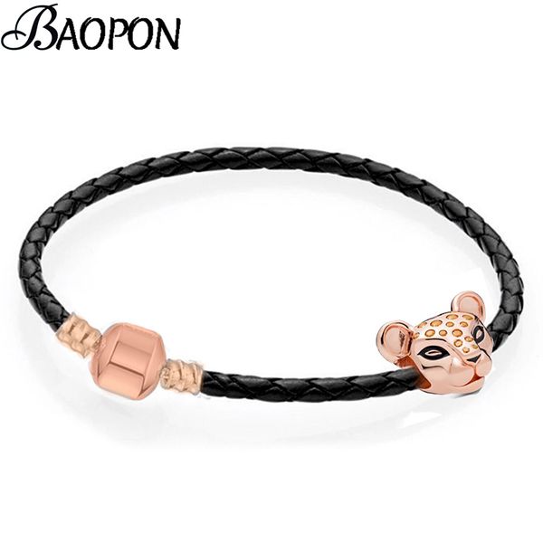

baopon leather chain charm bracelets with lovely lion beads friendship bracelets fit original fine for women gift, Golden;silver