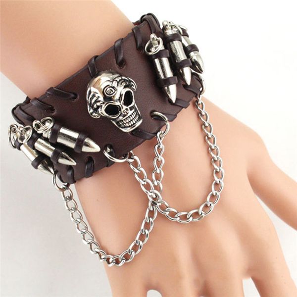 

beaded, strands brown black white 3 colors rock punk gothic cowhide leather men bangle skeleton wristband chain jewelry 2021 christmas gifts