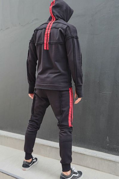 

stripe 2pc mens patchwork tracksuits fashion tracksuits jogging and running hooded casual sets hip designer mens hop kkona, Black