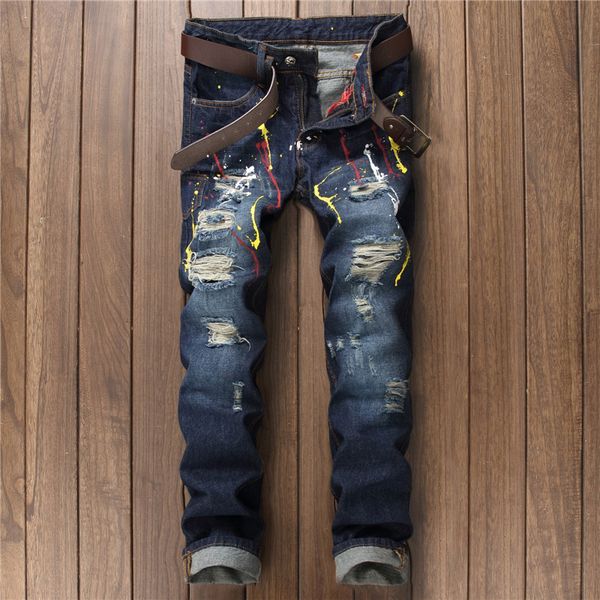 

2019 european style men's painted skinny slim fit straight ripped hole distressed blue denim pants no stretch motorcycle jeans