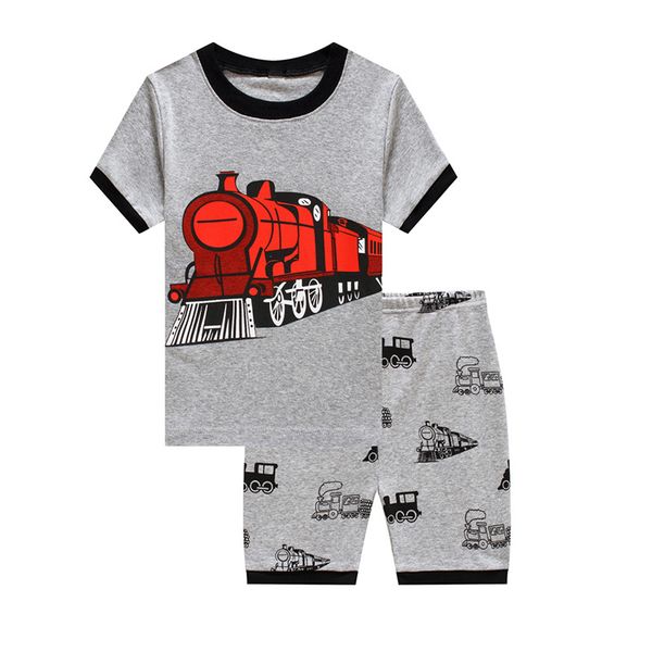 

train print kids pajamas sets clothes baby boys short sleeve 100% cotton homewear children gray crew neck pyjamas set, Blue;red