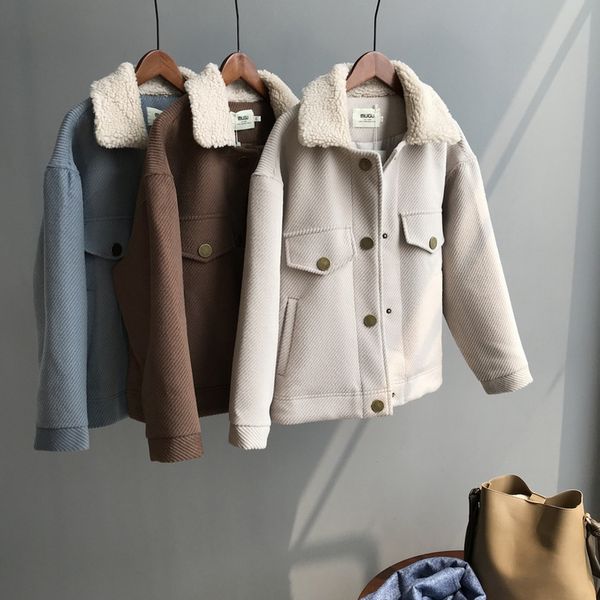 

2019 vintage lamb wool collar cotton jacket autumn and winter corduroy solid color coat woman loose outerwear clothes, Black;brown