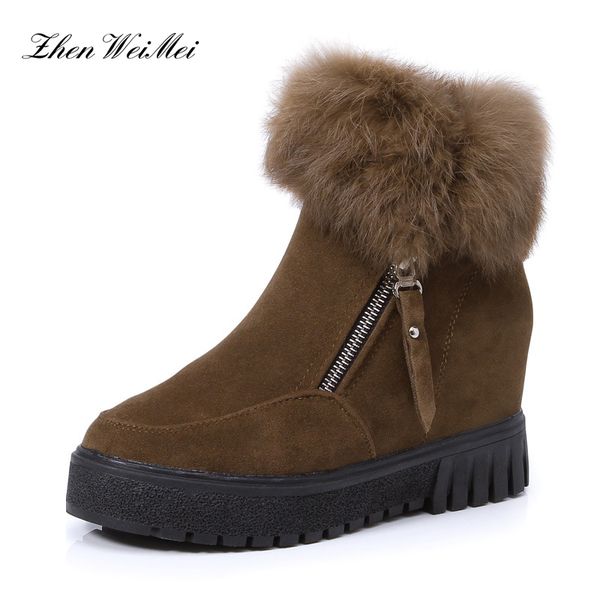 

winter new fashion for female zipper ankle boots plus velvet heightening boots wedge platform warm faux fur snow shoes, Black