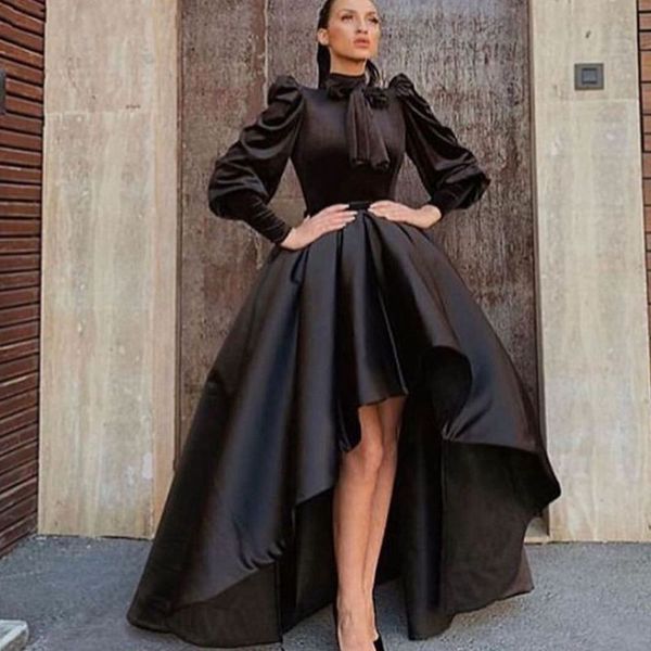 

2020 plus size black short arabic african prom dresses hi lo long sleeves muslim evening gowns