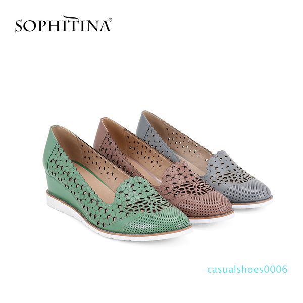

sophitina women's new pumps high wedges genuine leather hollowing out round toe casual shoes handmade slip-on shallow pumps sc40 c06, Black