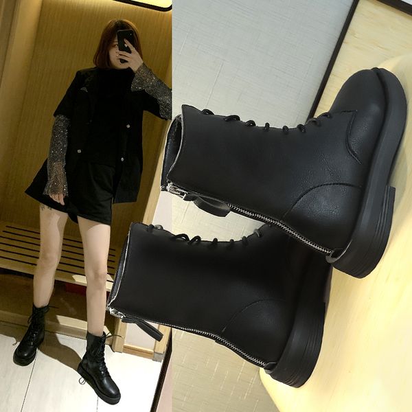 

brand women's shoes white ankle boots boots-women winter footwear round toe lace up zipper booties woman 2019 low heel fashion, Black