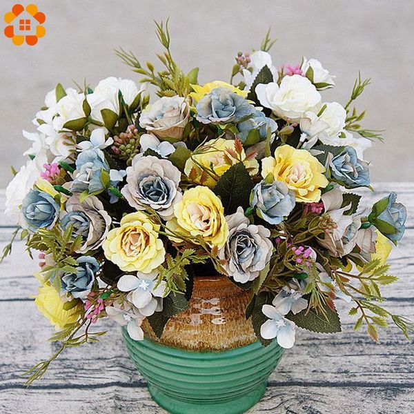 

1bouquet шелк искусственные цветы diy пион розы моделирование цветочные букеты зеленые листья для дома вазы свадебные украшения партии