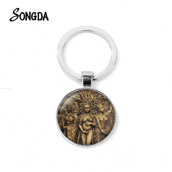 

songda triple moon goddess keychain magic life tree statue of goddess glass dome round keyring retro charm wicca amulet key ring, Silver