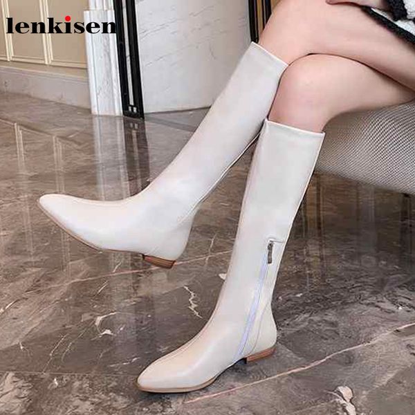 

lenkisen soft leather riding boots pointed toe low heels side zip fashion concise style winter warm women thigh high boots l90, Black