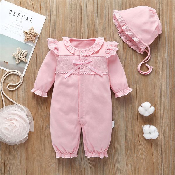 

baby kids clothes baby girl round collar lace long-sleeved bow pink jumpsuits+hat 2 pieces sets kids designer clothes girls jy524, White