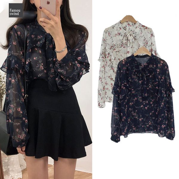 

2019 основные рубашки блузы женщины япония опрятный styel cute сладкий черный белый цветочный printed ruffled bow tie top spring shirt, White