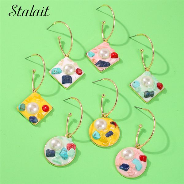 

geometric multi color stone pearl oil hoop earrings charm square shape gold color hoop earrings for women wedding gifts jewelry, Golden;silver