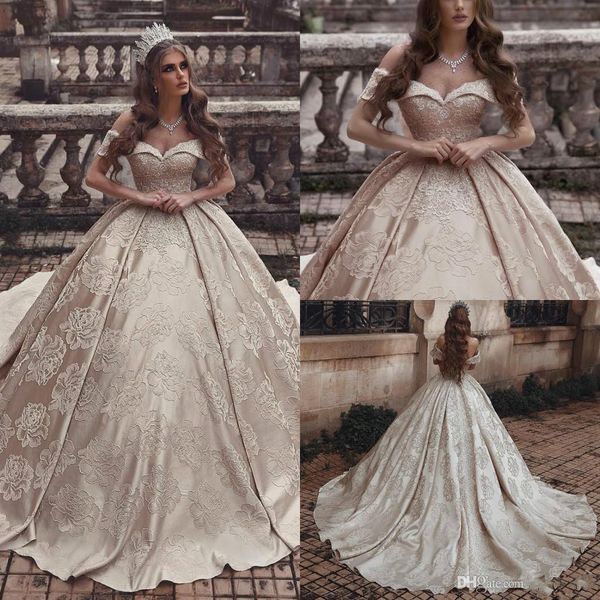 

dubai arabic luxury champagne ball gown wedding dresses 3d lace print embroidery off shoulder bridal gowns plus size wedding dress, White