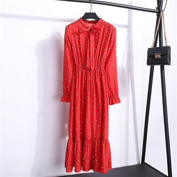

2019 autumn floral dress women long sleeve polka dot chiffon shirt vintage dress midi casual black red spring for ladies, Black;gray