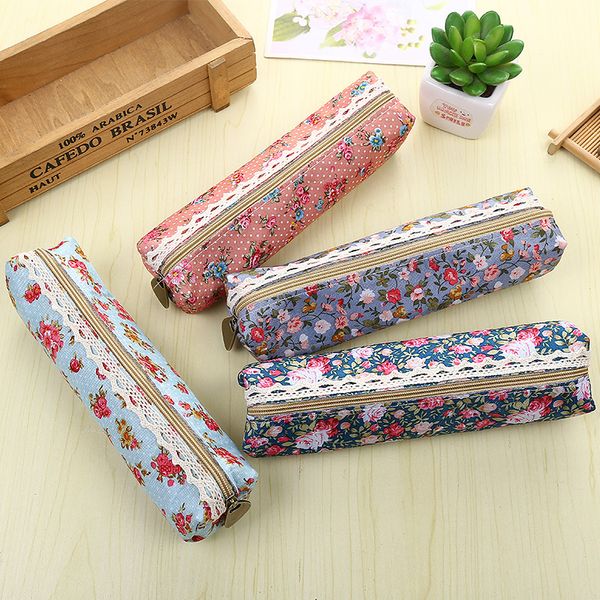 

fashiong retro flower lace floral canvas zipper pencil case pen bag purse cosmetic makeup pouch for for kids girls school