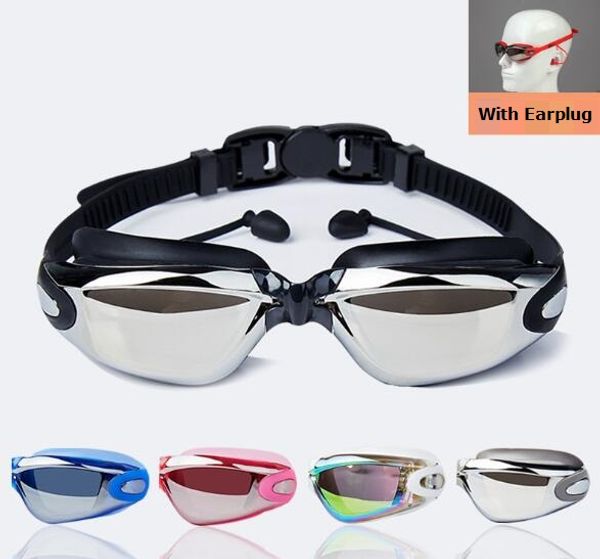 

new electroplating anti-fog uv swimming diving glasses more colors silicone professional myopia swimming goggles earplug