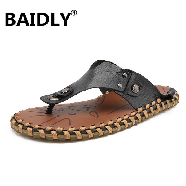 

brand men's flip flops leather luxury slippers new beach casual sandals summer men fashion shoes, Black