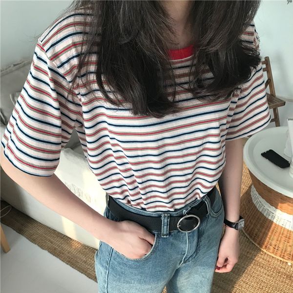

striped loose short-sleeved t-shirt female 2020ins student fashion striped loose short-sleeved t-shirt female 2020ins student fashio, White