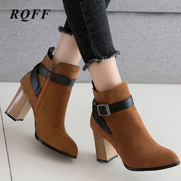 

women autumn winter ankle boots belt buckle fashion shoes woman zip round toe low square heel boot big size 42 43 for gray brown, Black