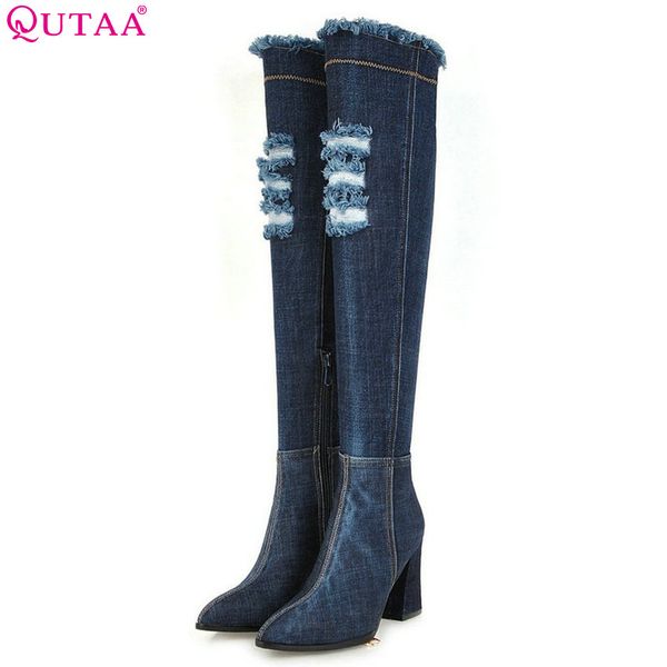 

qutaa 2020 women over the knee high boots denim fashion women shoes platform winter shoes motorcycle boots big size 34-43, Black
