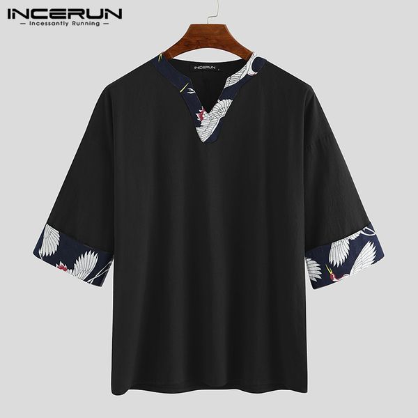 

incerun 2020 chinese style mens shirt print patchwork vintage half sleeve v neck camisa streetwear casual blouse cotton s-3xl, White;black