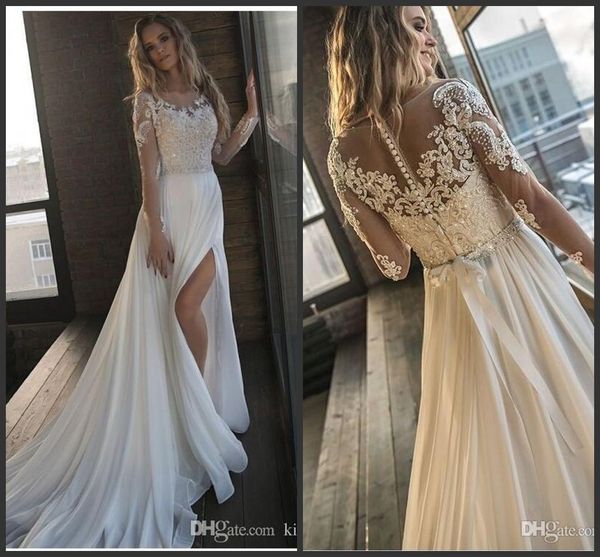 

2019 split prom dresses with long sleeve sheer beaded lace chiffon formal evening gowns cocktail party ball beach dress celebrity gown, Black