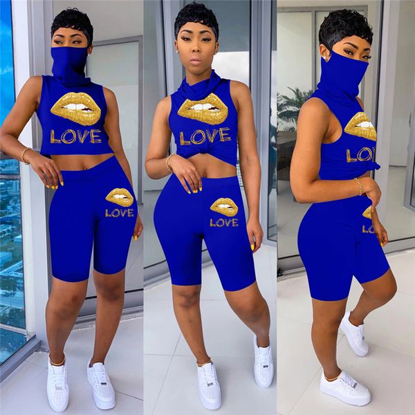 

women 2 piece outfits lips designer tracksuit lips turtleneck sleeveless vest t-shirt pullover + shorts sets sport suit 2020 d52501cz, White