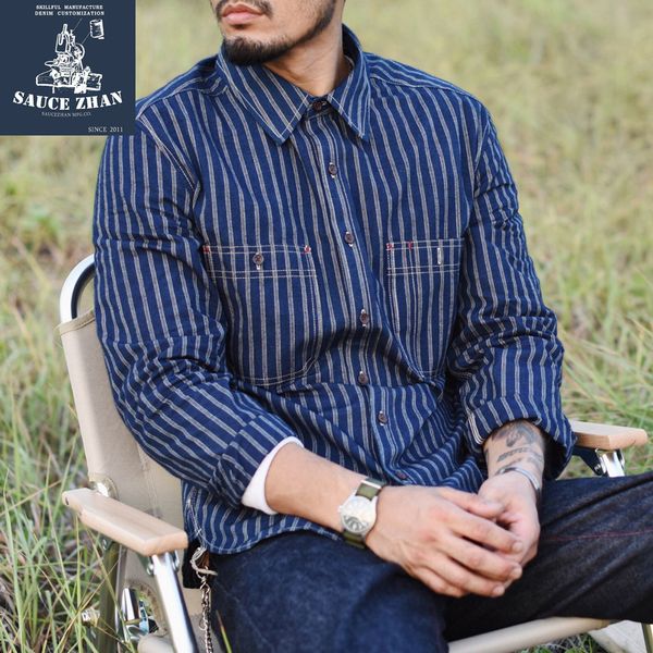 

saucezhan cy008 selvedge jeans shirt selvedge denim shirt vintage men stripe winter shirts men long sleeve, White;black