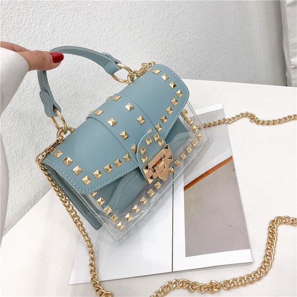 

small clear brand designer woman new fashion messenger bag chains shoulder bag female rivets transparent square pu handbag