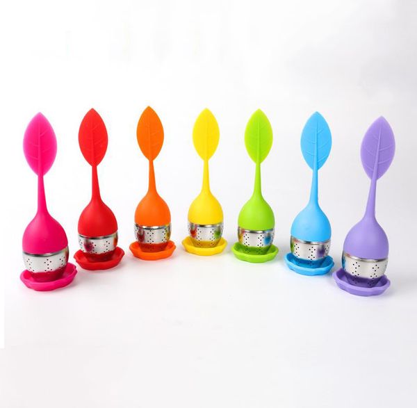 

creative leaf with tray tea infuser silicon stainless steel tea ball leaf tea strainer for brewing device herbal spice filter kitchen tools