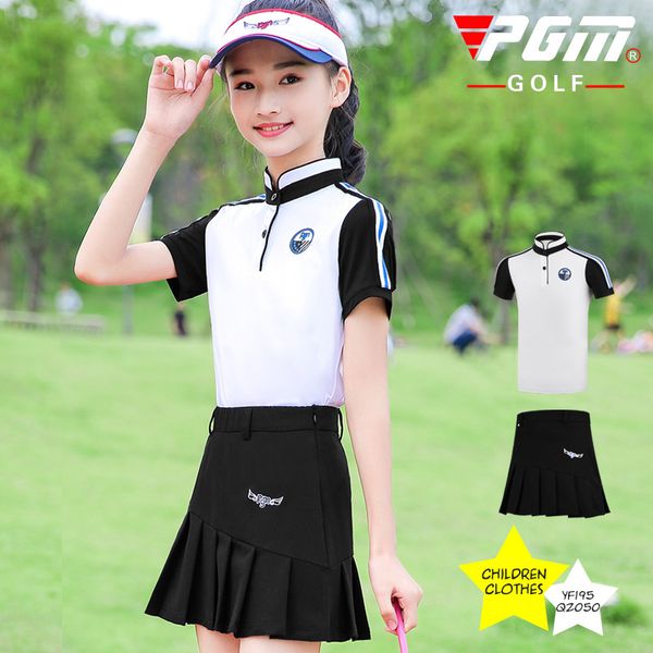 

pgm girls breathable sports golf skirts set short sleeve shirt pleated skirt children girls comfortable golf clothing d0787, Black;blue