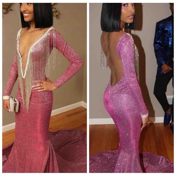 

2019 sheer long sleeves slim mermaid prom dresses slim custom fringes beaded sweep train formal evening party wear gowns robe de festa, Black