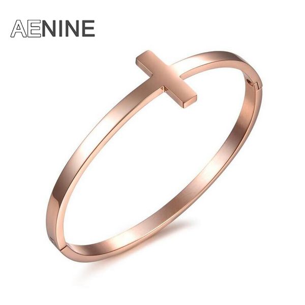 

aenine classic rose gold color cross bangles bracelets 316l stainless steel open design cuff bracelets jewelry for women ogh642, Black